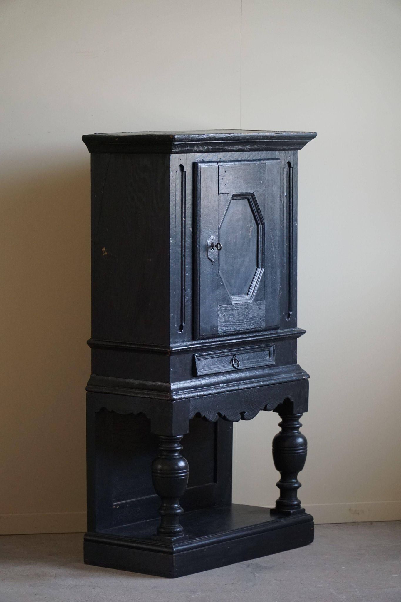 Antique black painted wardrobe from the 18th century by a Danish cabinetmaker, baroque.