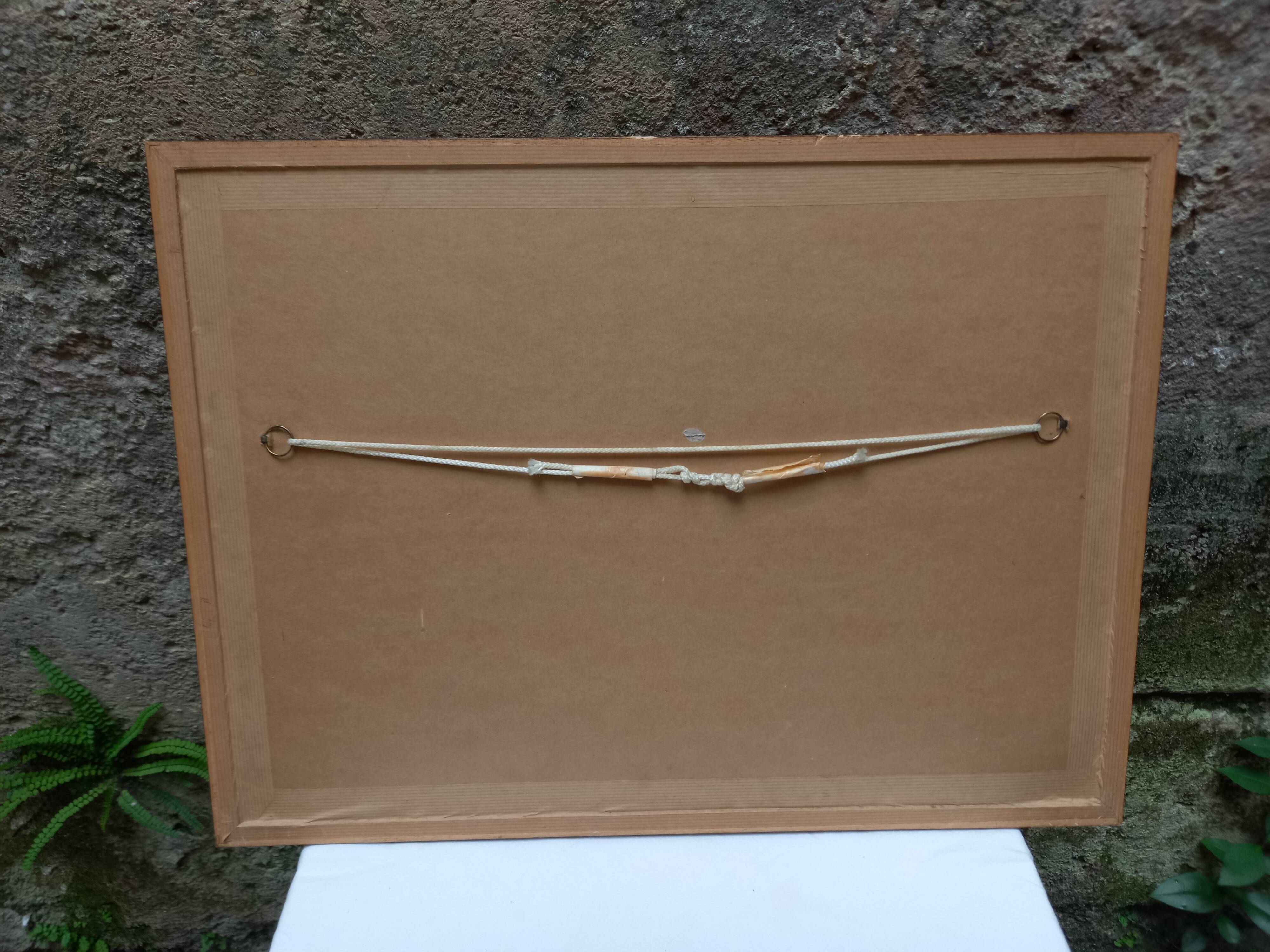 Antique pencil drawing, thatched cottages, rural landscape, framed