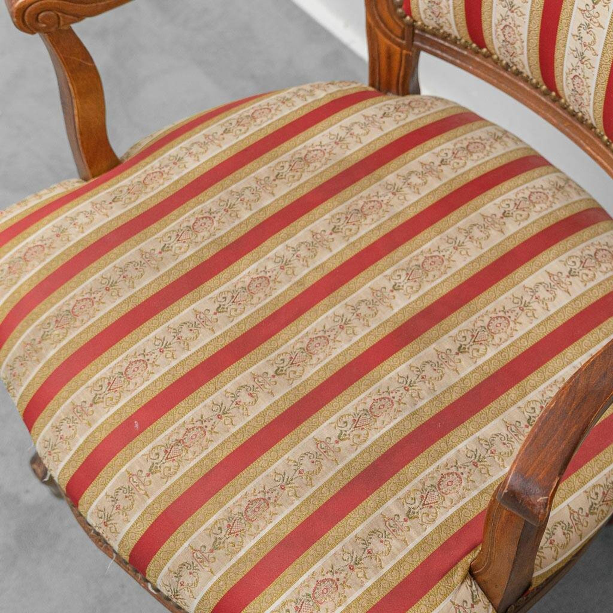 Pair of Parisian-style armchairs in wood with striped fabric armrests, vintage
