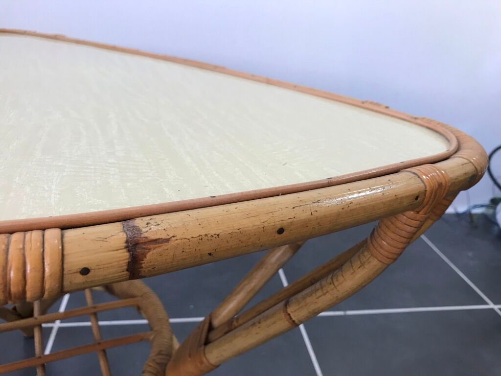 Table basse rotin et formica vintage 1970