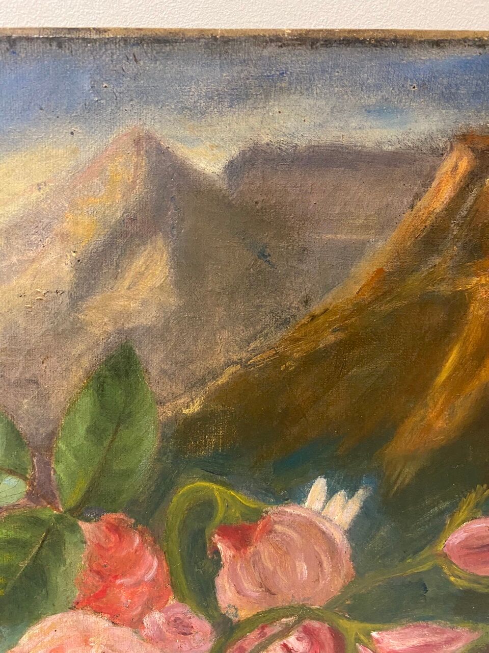 Old painting, still life with daisy roses and wild flowers, signed, early XX century