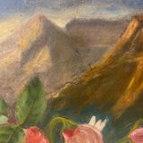 Tableau ancien, nature morte aux roses pâquerettes et fleurs sauvages, signé, début XX siècle