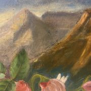 Old painting, still life with daisy roses and wild flowers, signed, early XX century