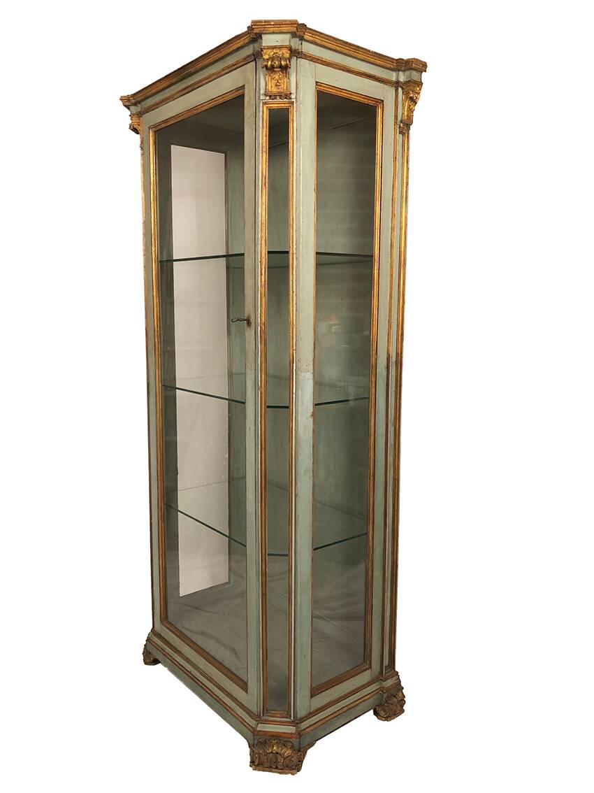 Showcase in blue/green lacquered wood, gold trim, Italy 18th-early 19th century