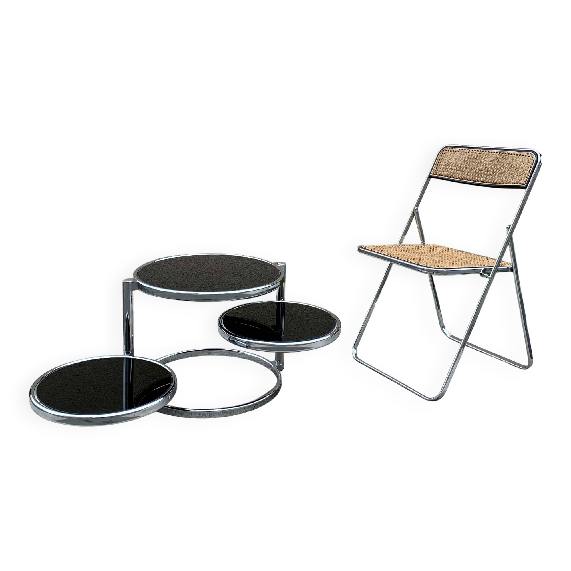 Articulated coffee table with 3 shelves, black glass and chrome, 1980