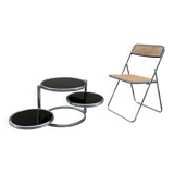 Articulated coffee table with 3 shelves, black glass and chrome, 1980