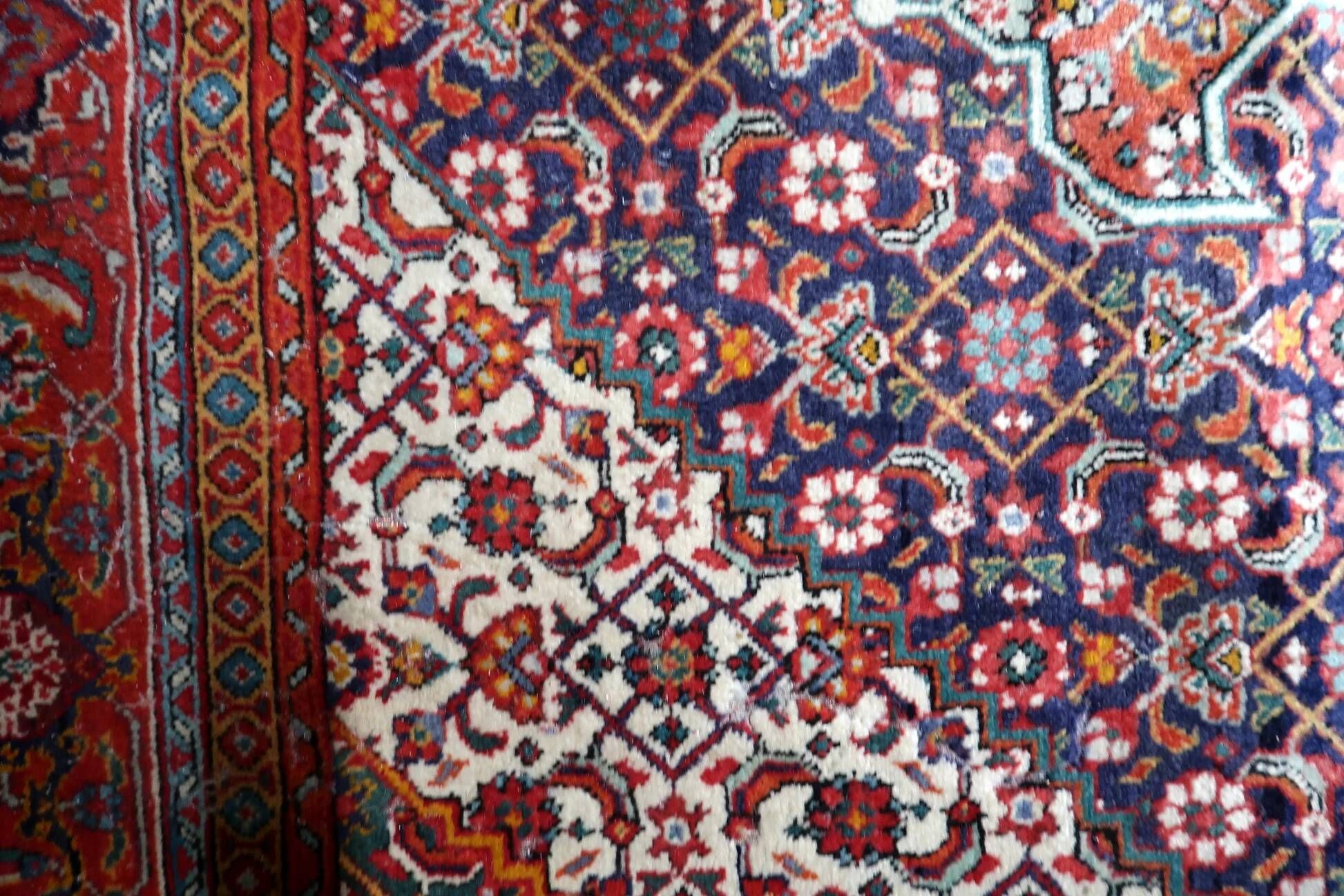 1940s vintage wool medallion rug, red and navy, 206 × 320 cm