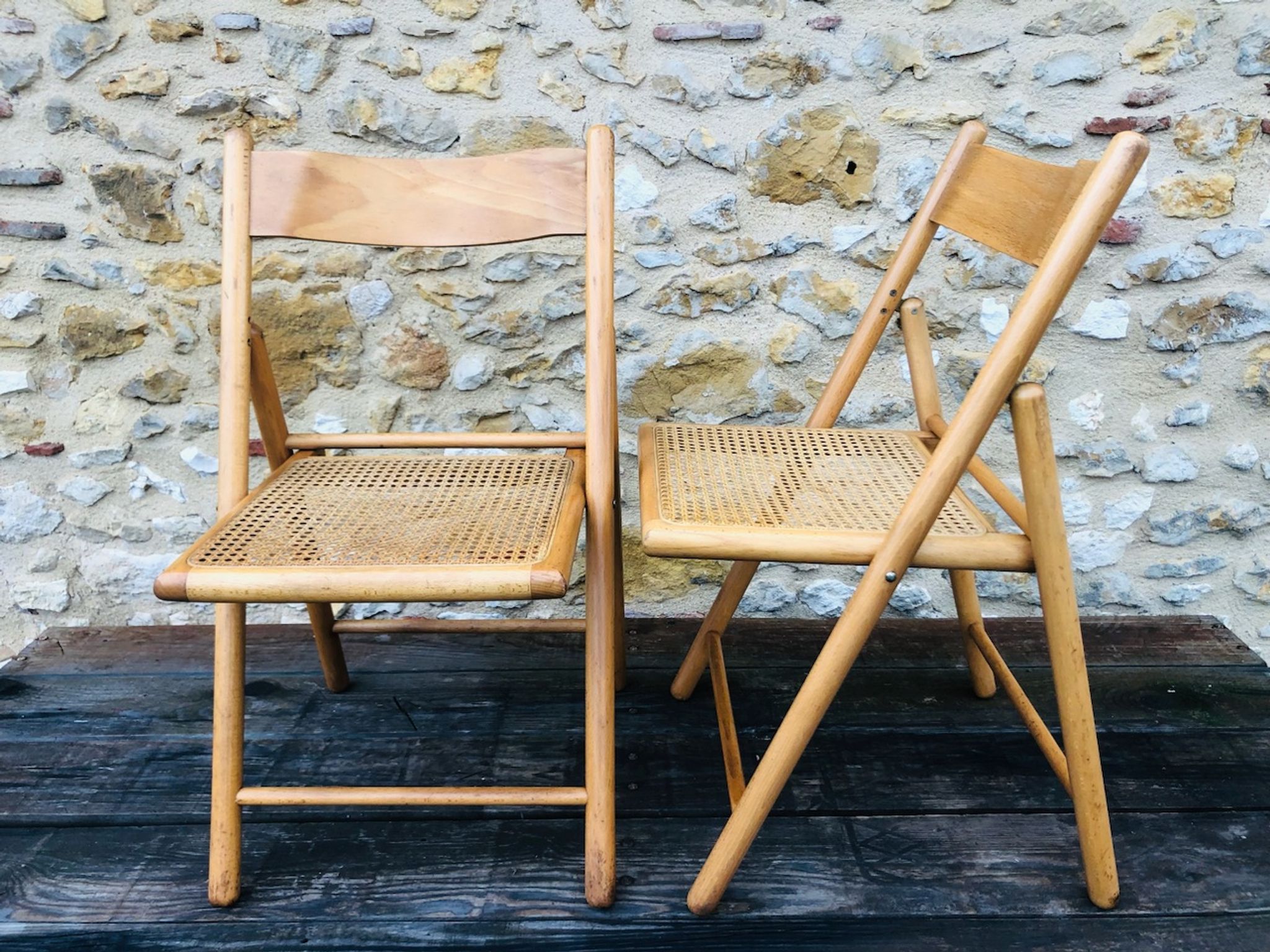 Set of 2 vintage folding chairs, rattan cane for Habitat, circa 70/80