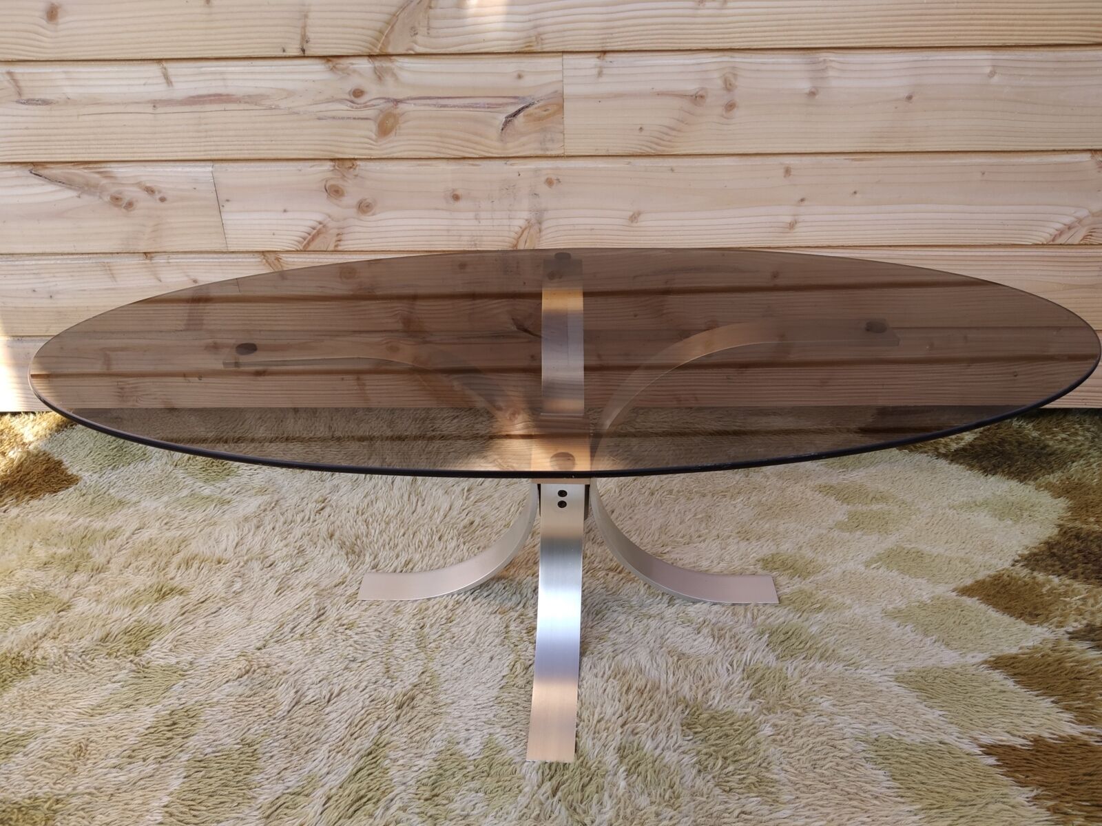 Table basse verre fumé pied aluminium brossé