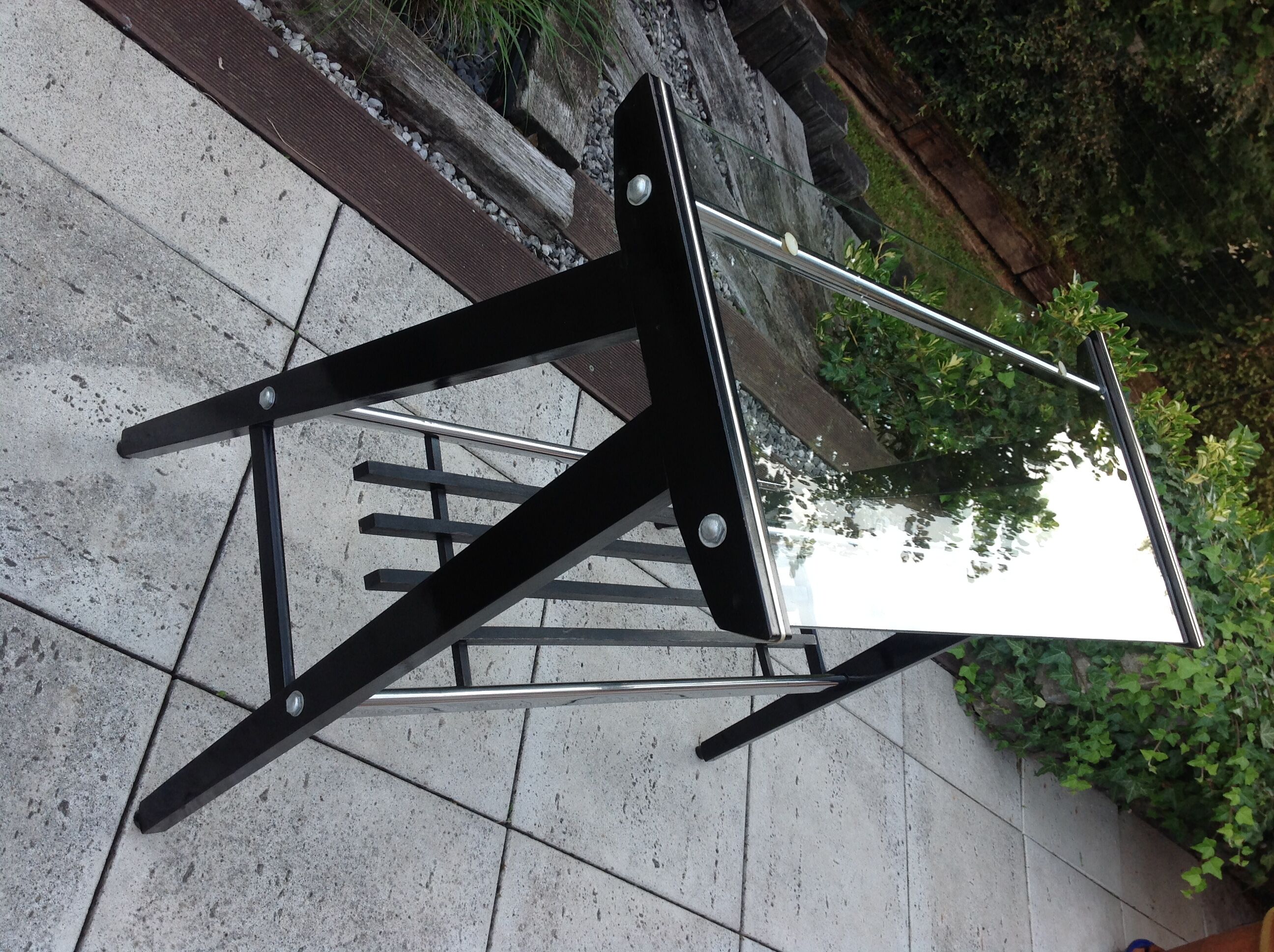 Console in black lacquered wood and chromed metal / vintage 60s-70s