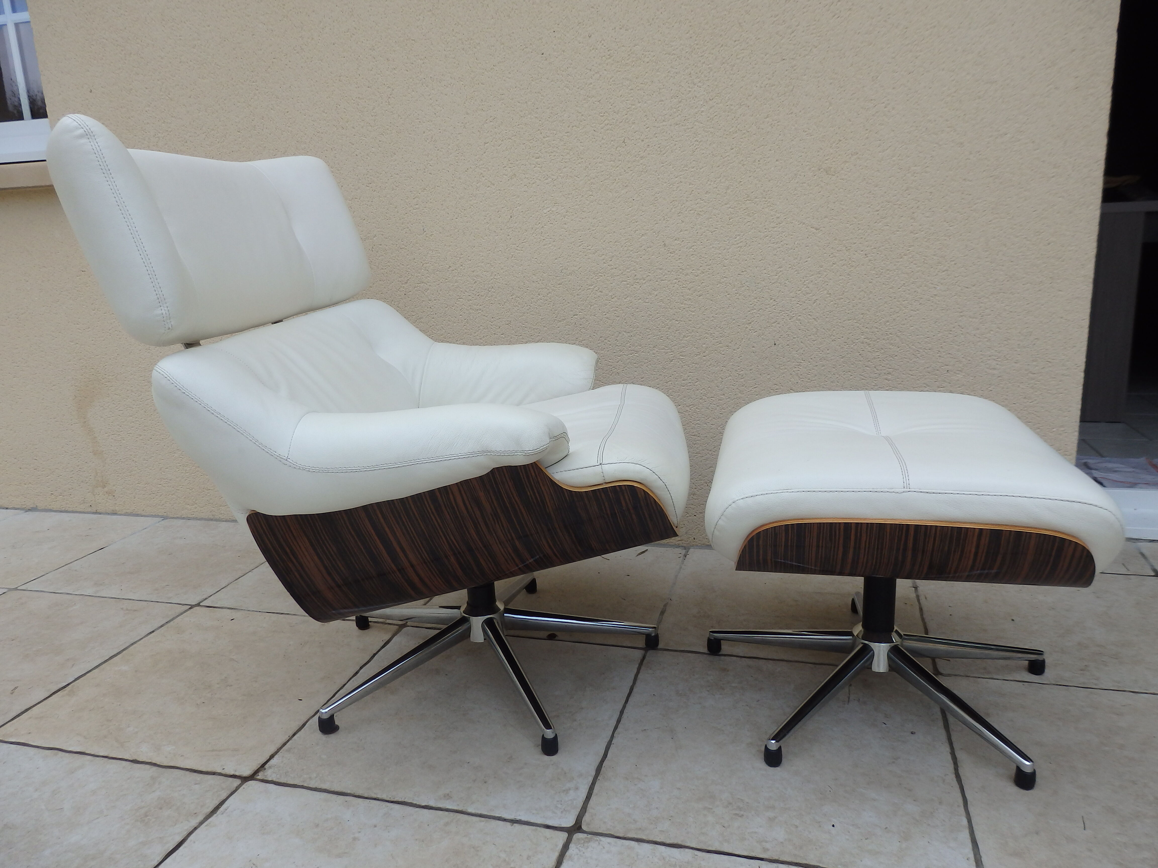 Armchair relax lounge and ottoman leather white rosewood