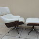 Fauteuil relax lounge et ottoman cuir blanc  palissandre