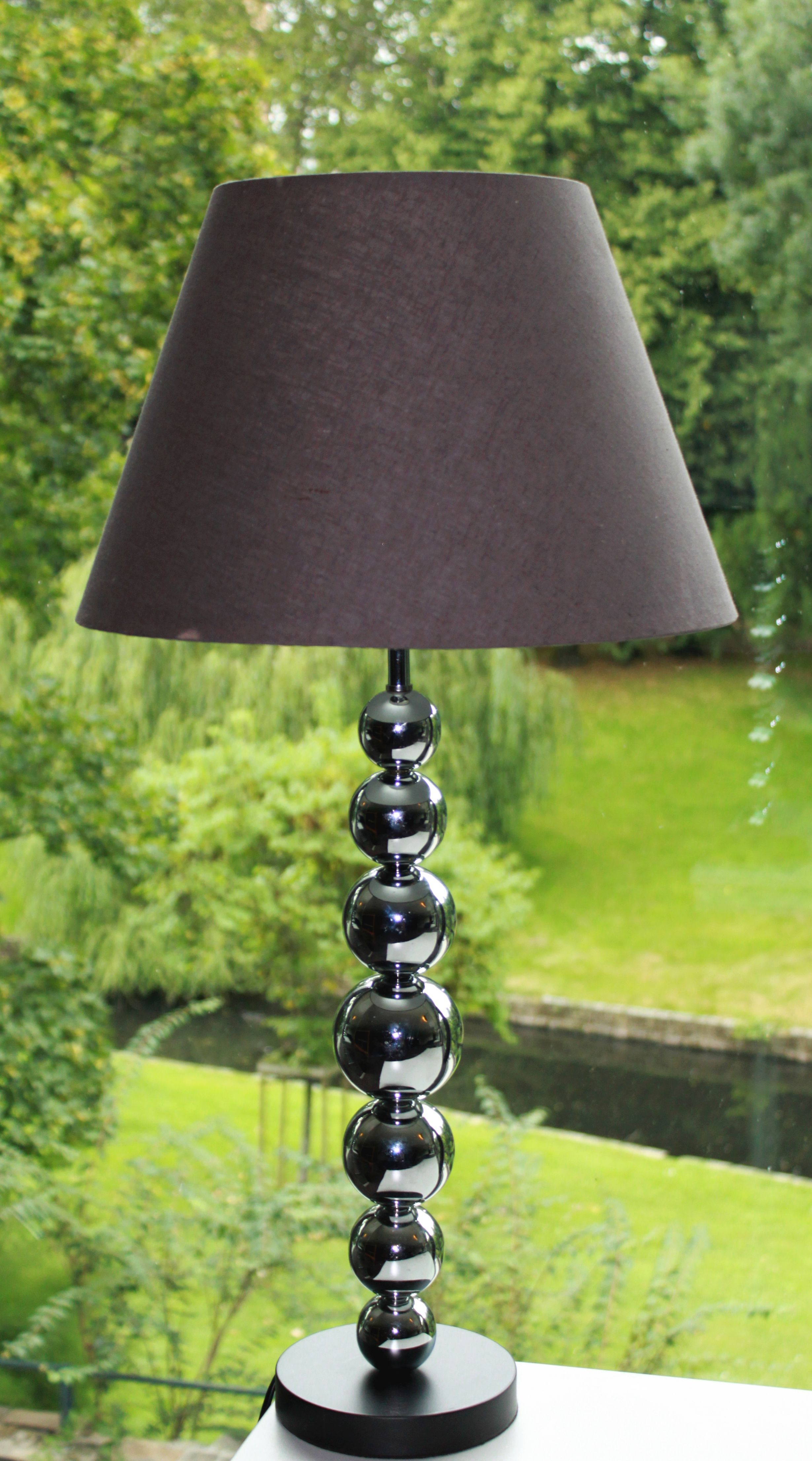 Pair of contemporary lamps with chrome base and 20th-century shade.