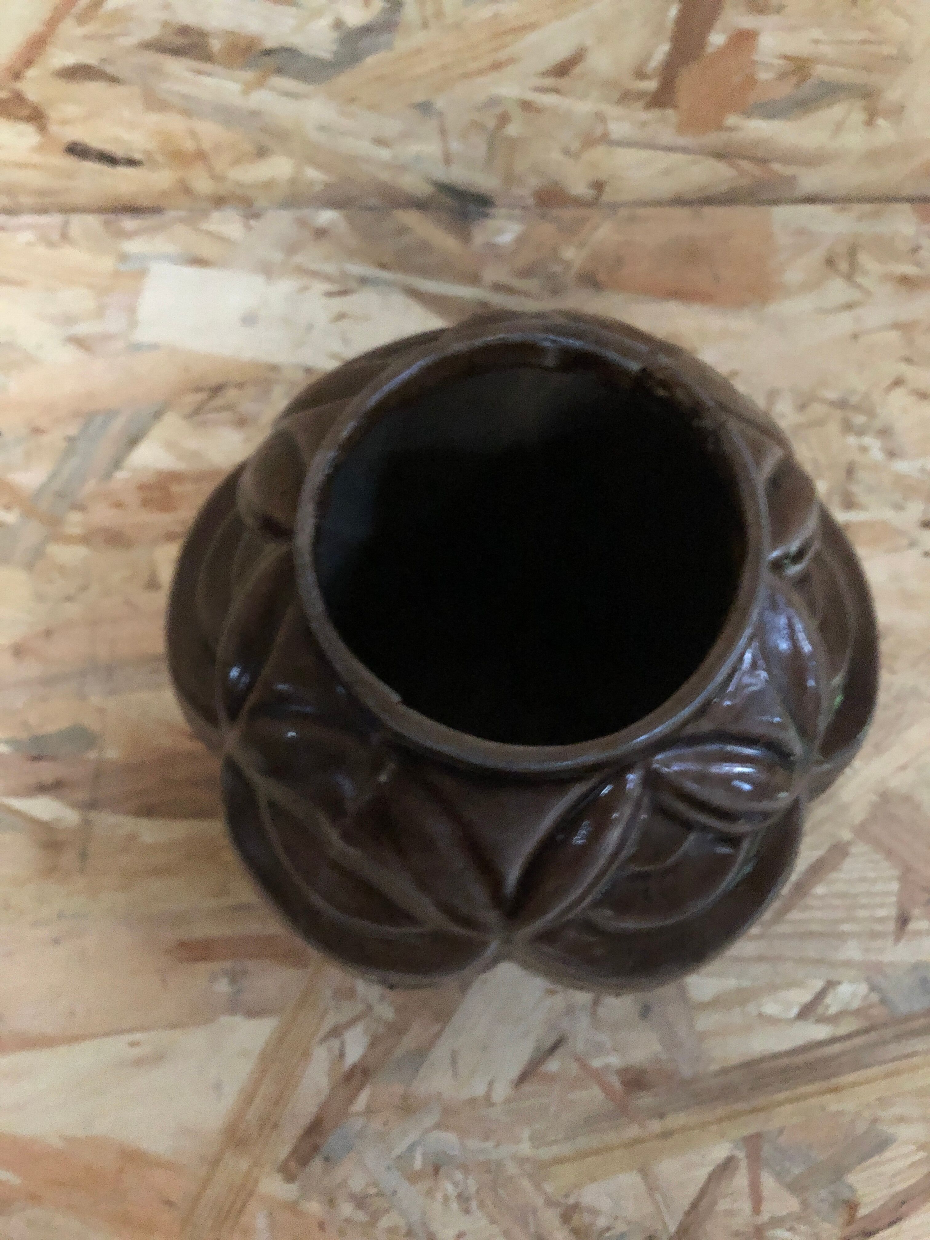 Old art deco vintage brown enameled cast iron plant pot