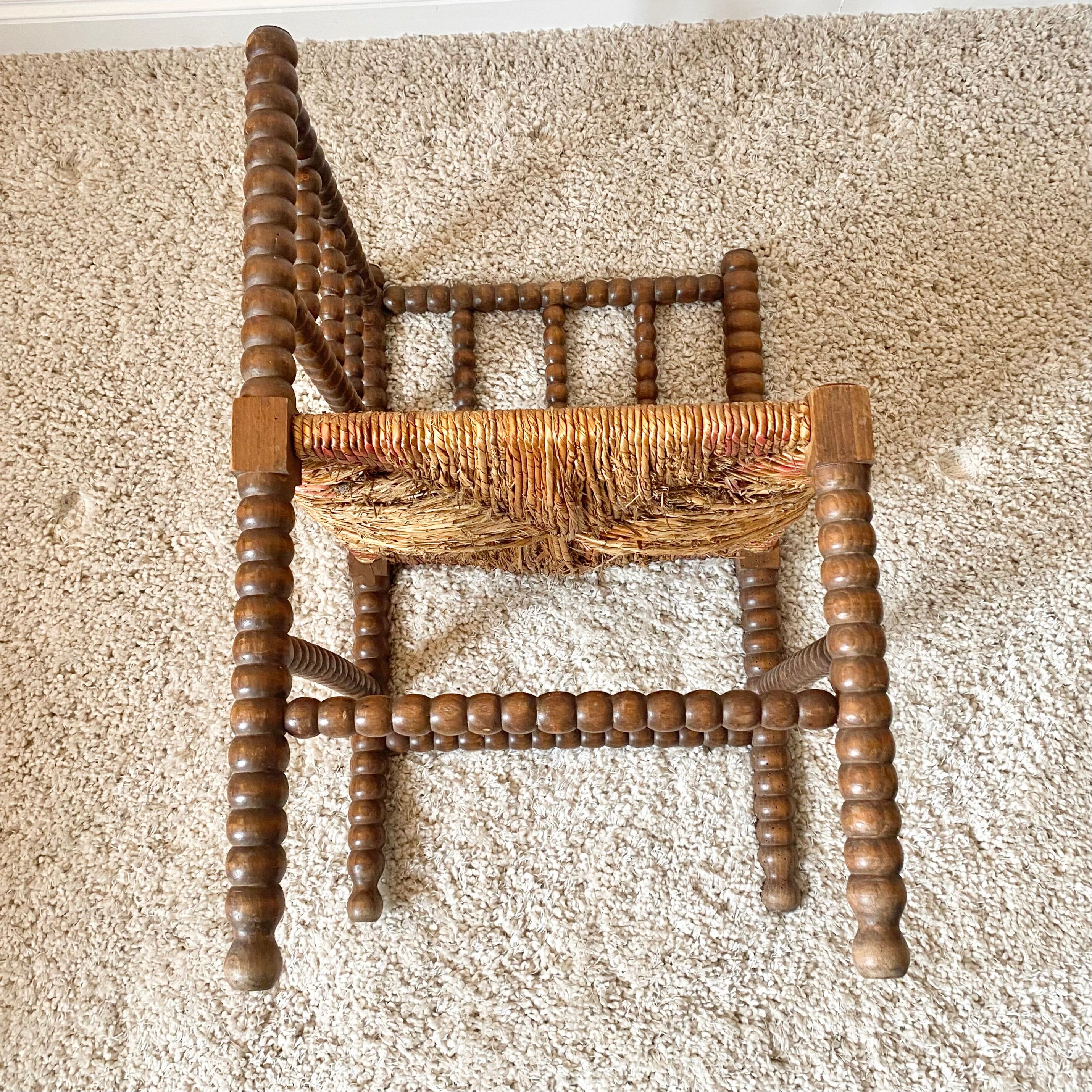 Vintage corner chair in turned oak and straw