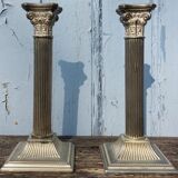 Duo of silver metal column candle holders
