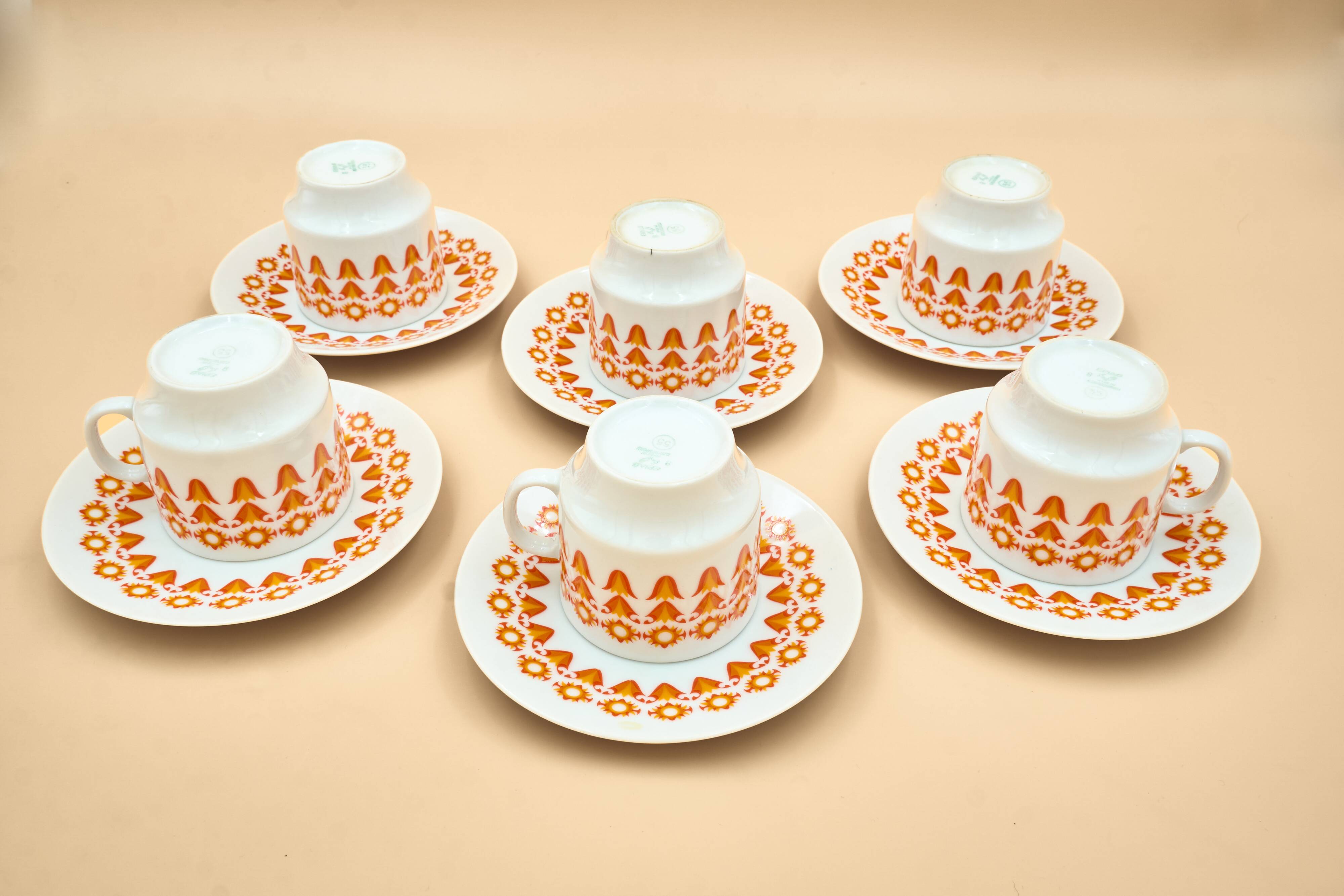 6 Midcentury Porcelain Coffee Cups & Saucers, EPIAG, Czechoslovakia