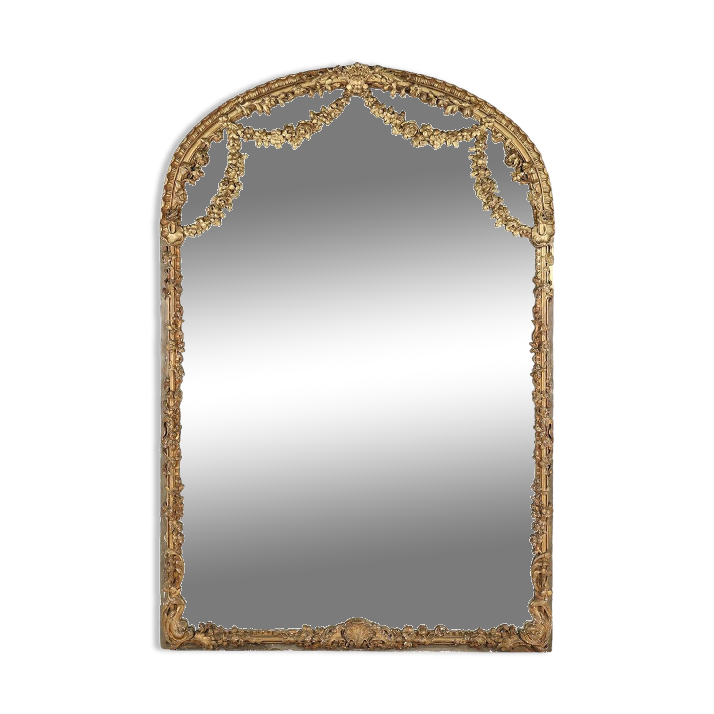 Large baroque decorated chimney mirror in gilted wood, France ca. 1800