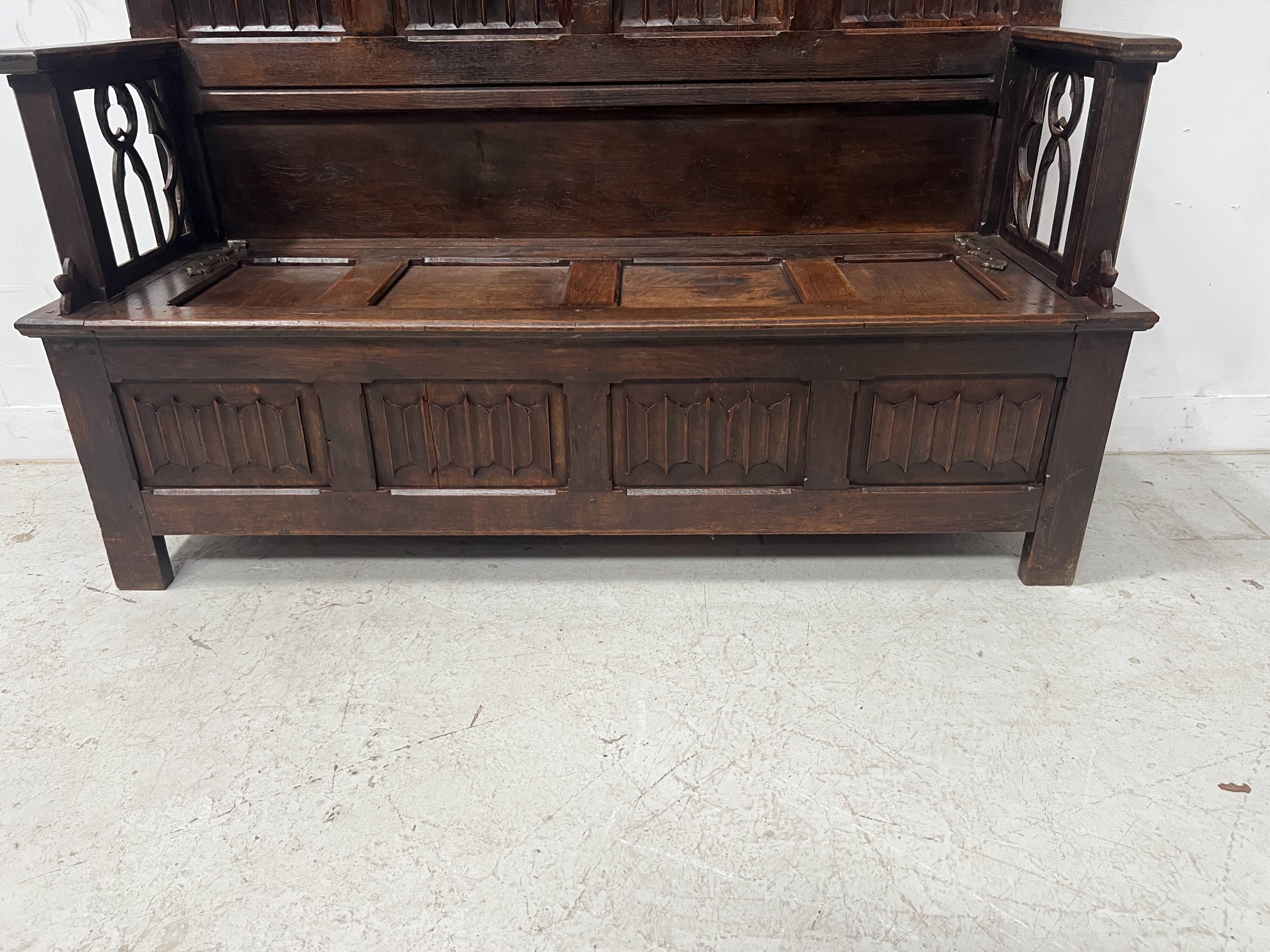 Gothic style carved oak chest bench, 19th century