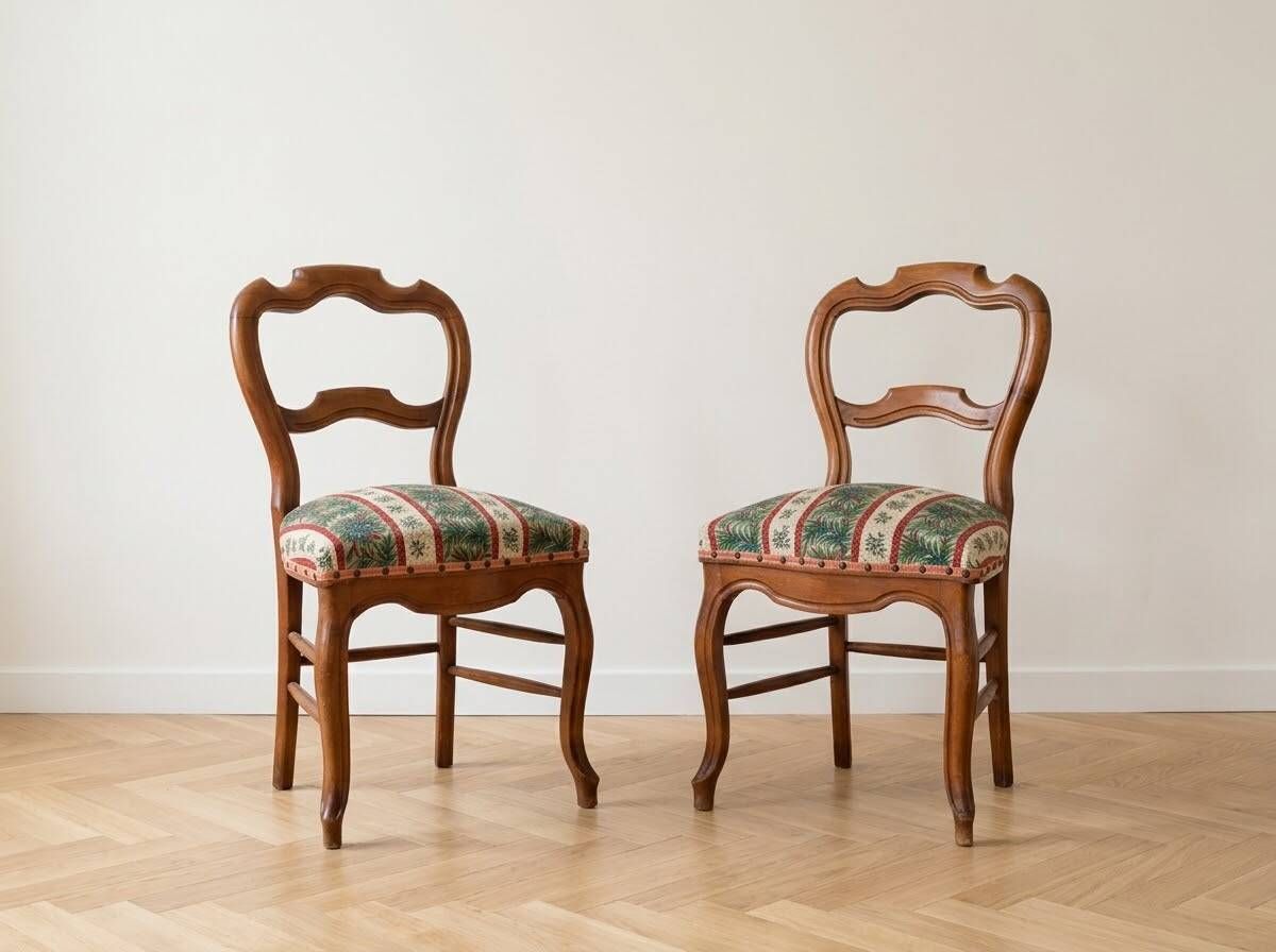 Pair of antique Louis XV style chairs in wood and floral fabric.