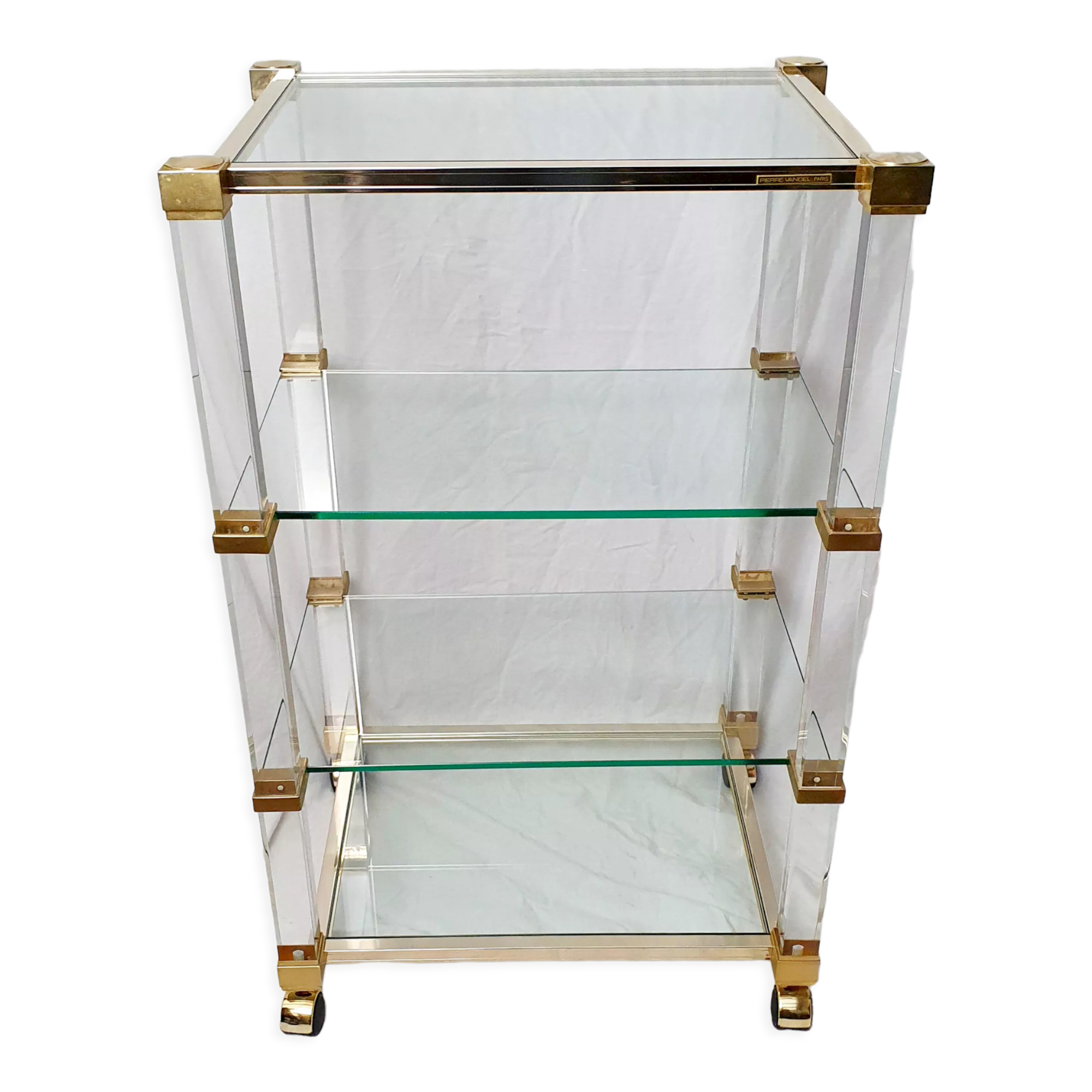 Rolling glass and plexiglass shelf by Pierre Vandel