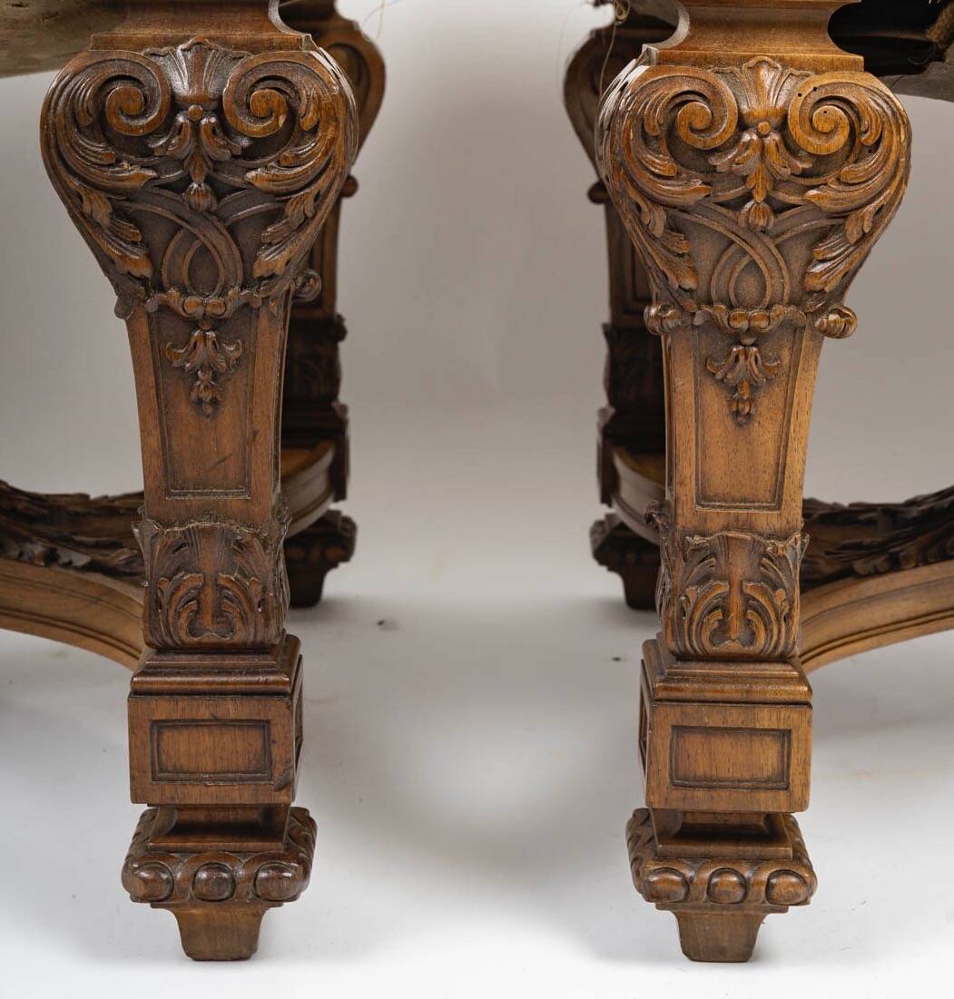 Important Pair of Sculpted Walnut Stools, Louis XIV Style