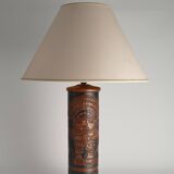 Mid-Century Modern Aztec Motif Hand Tooled Leather Table Lamp