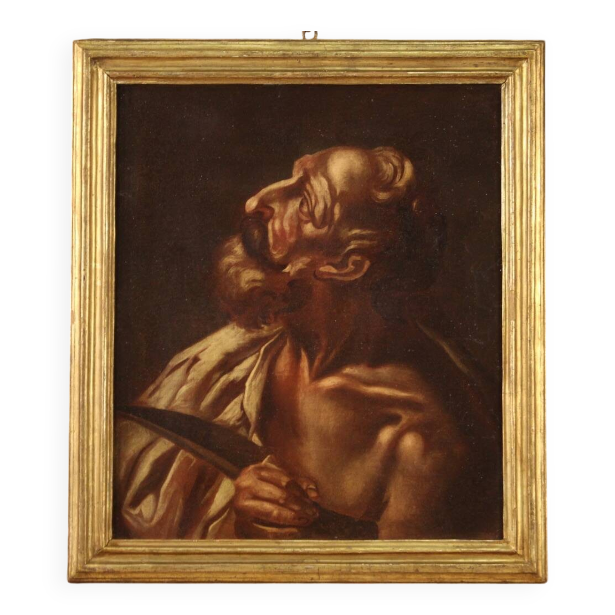 Peinture religieuse à l'huile sur toile de Saint Barthélemy du XVIIe siècle