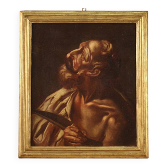 Peinture religieuse à l'huile sur toile de Saint Barthélemy du XVIIe siècle