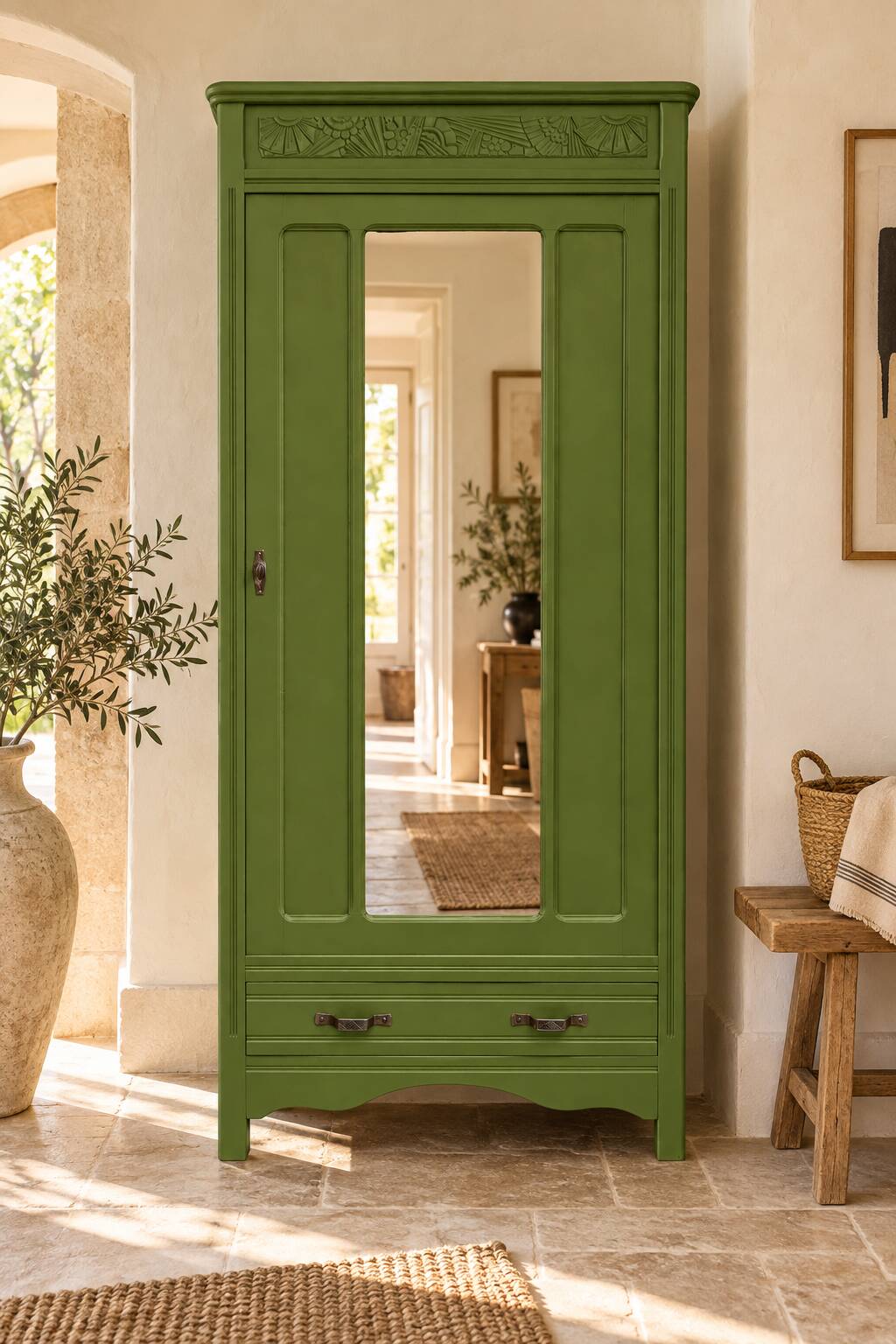 Renovated Art Deco Parisian wardrobe in khaki with original mirror.