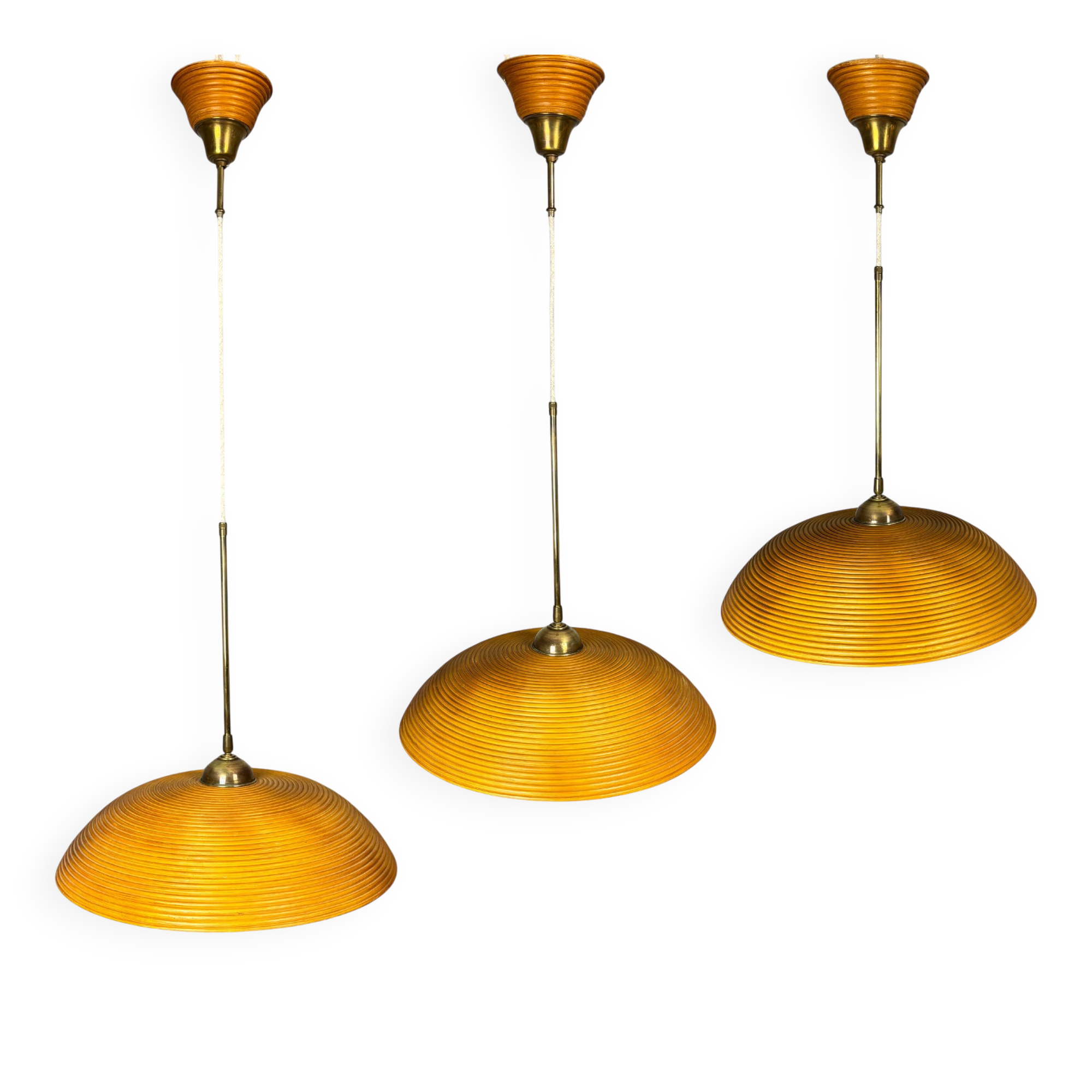 Set of 3 midcentury rattan bamboo pencil reed hanging pendants, Italy 1970s