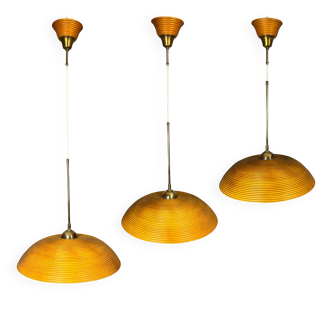 Set of 3 midcentury rattan bamboo pencil reed hanging pendants, Italy 1970s