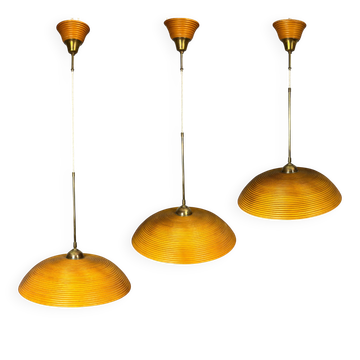 Set of 3 midcentury rattan bamboo pencil reed hanging pendants, Italy 1970s