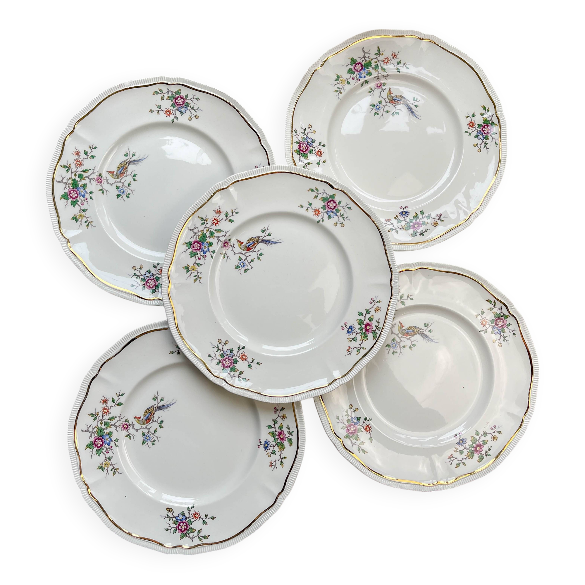 5 Vintage Longchamp Chantilly Porcelain Dinner Plates - Bird Motif