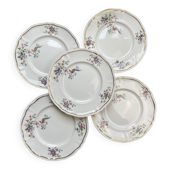 5 Vintage Longchamp Chantilly Porcelain Dinner Plates - Bird Motif