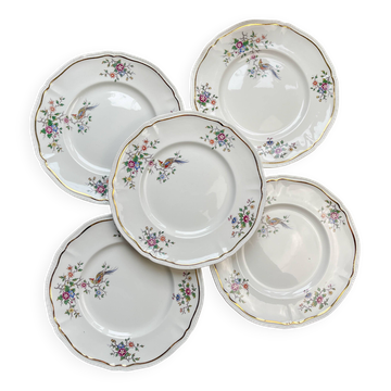 5 Vintage Longchamp Chantilly Porcelain Dinner Plates - Bird Motif