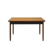 Danish extendable dining table, teak veneer, solid wood legs, leaf storage, 1970s