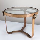 Table basse en laiton et cuir surpiqué