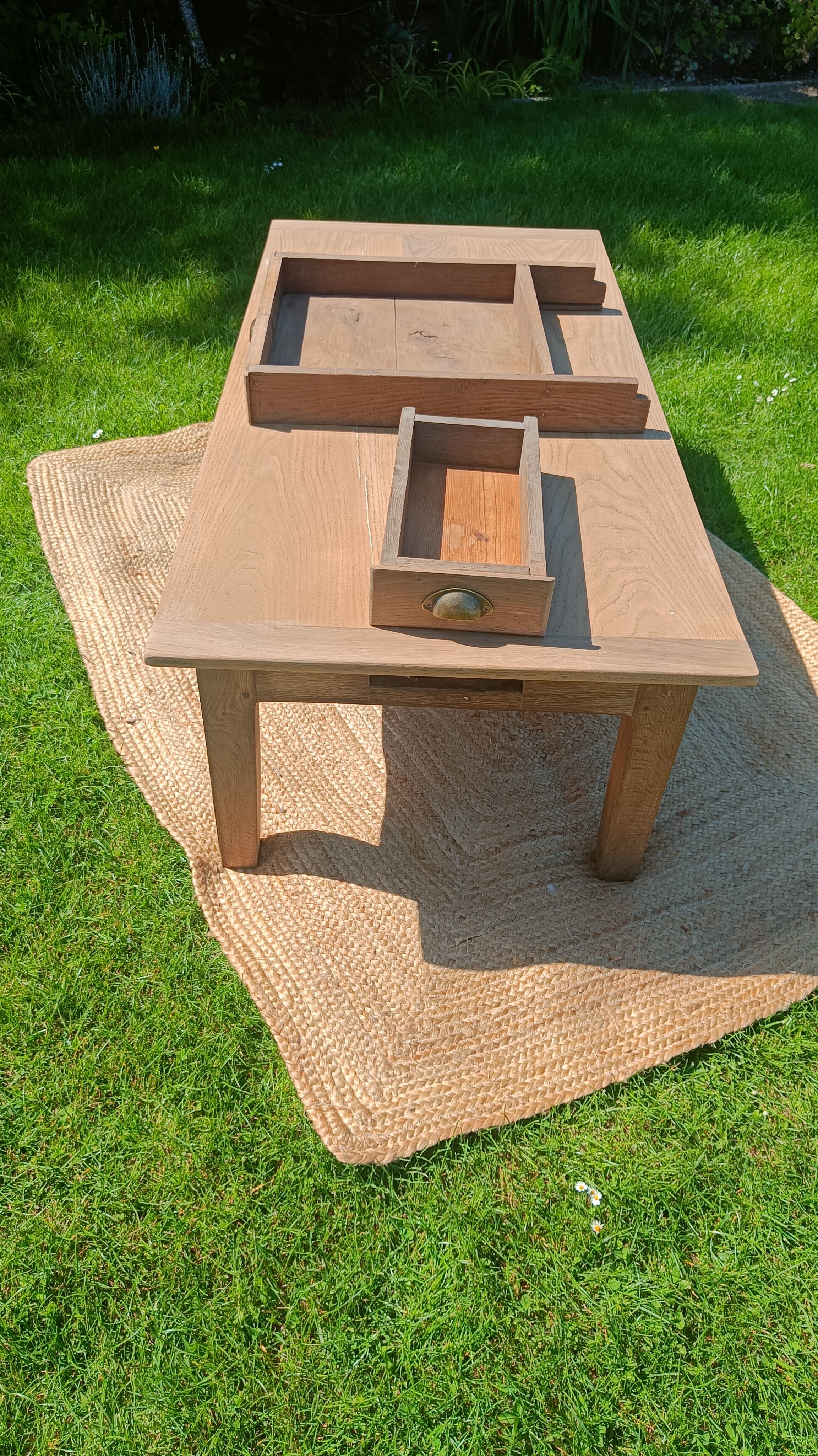 Large restored antique coffee table in solid oak.
