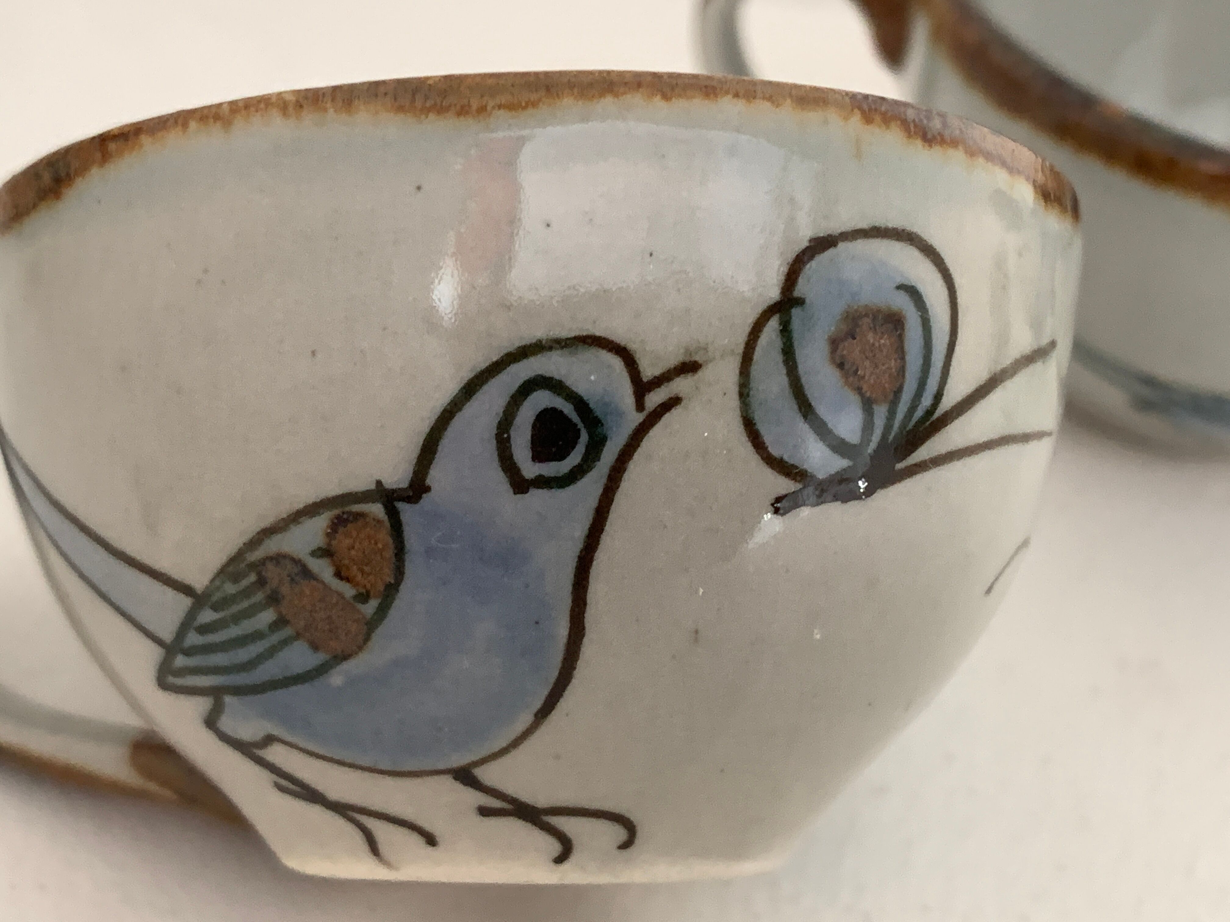 6 ceramic cups Ken Edwards, Tonala, Mexico, with sub cups and sugar