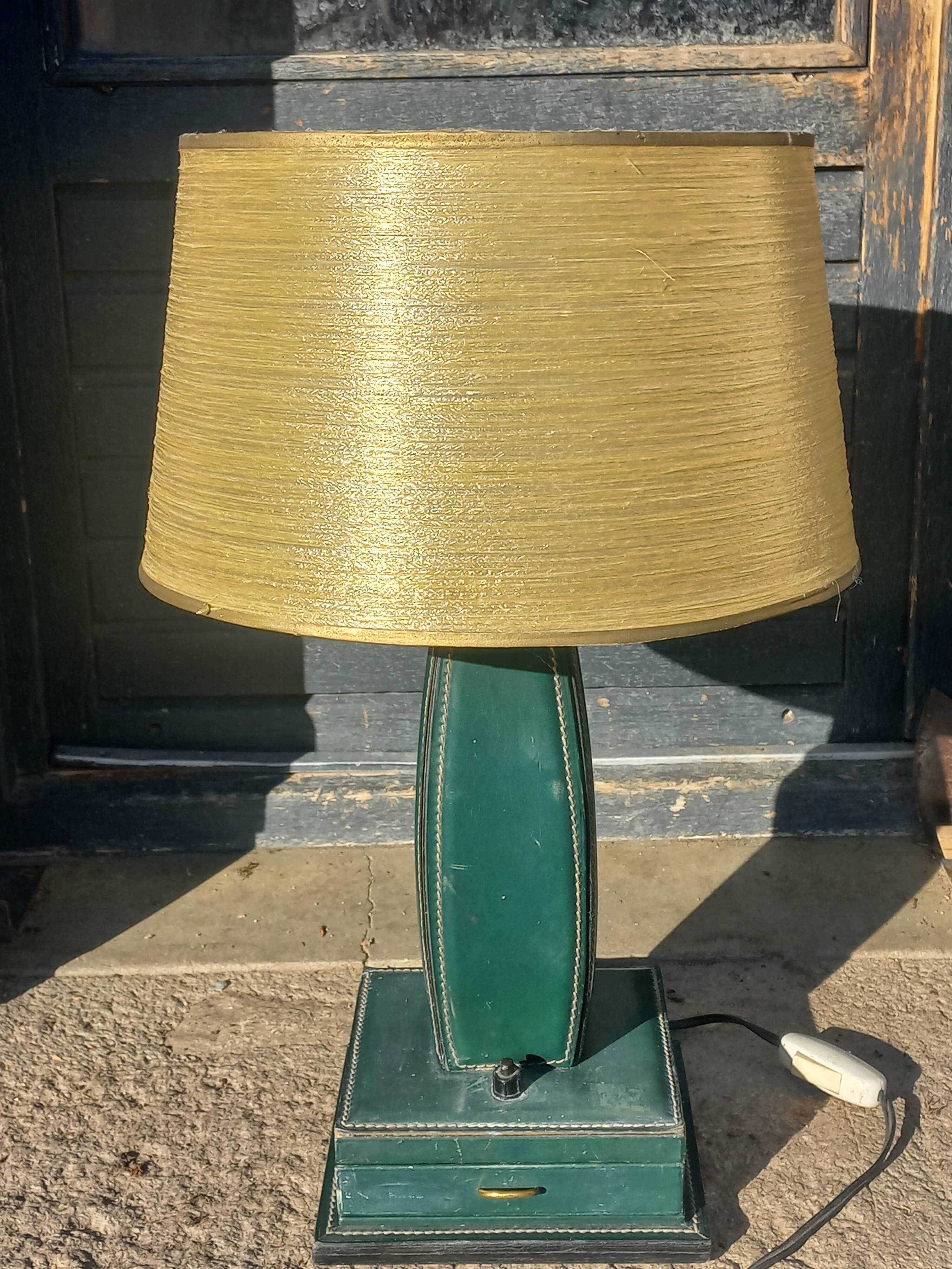 Vintage leather desk lamp with saddle stitching from the 1960s.