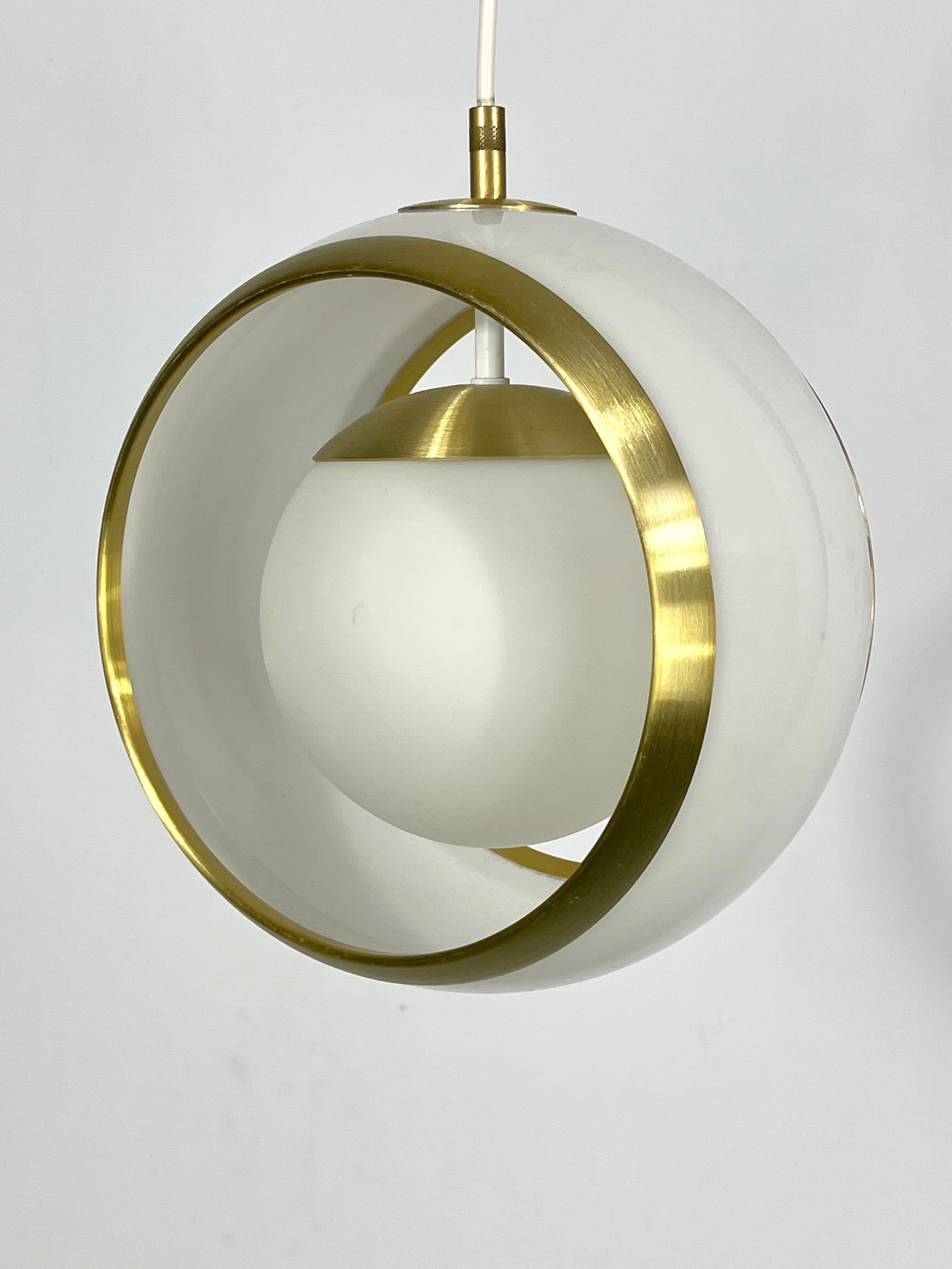 Stilux Milano, gilded aluminum, opaline and perspex pendant. Italy 1960s
