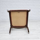 1970s, reupholstered set of 6 pcs Danish dining chairs, teak wood, camel brown leather.