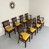 Lot de 8 anciennes chaises fauteuils de bistrot en bois et simili jaune 80’