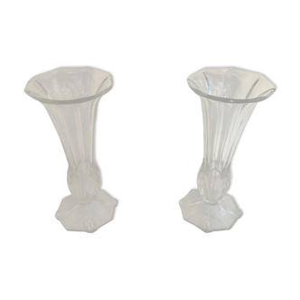 Pair of antique Art Deco style vases in moulded glass and vintage decoration