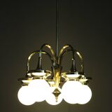 1930s Czechoslovak Art Deco brass chandelier with five opaline glass globes