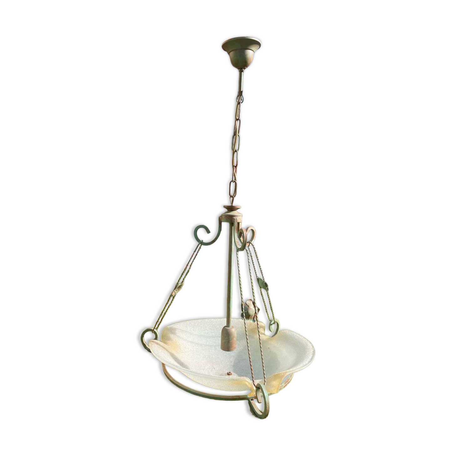 Suspension ancienne en verre texturé et métal patiné