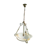 Vintage pendant light in textured glass and patinated metal