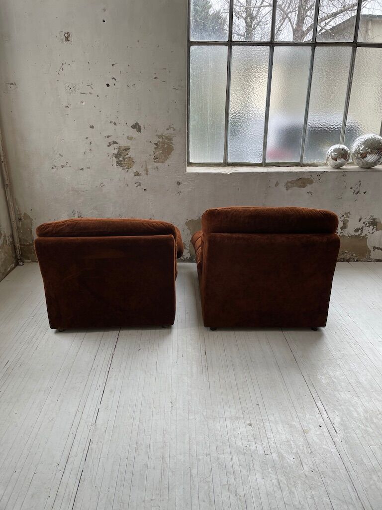 Pair 70s brown velvet armchairs