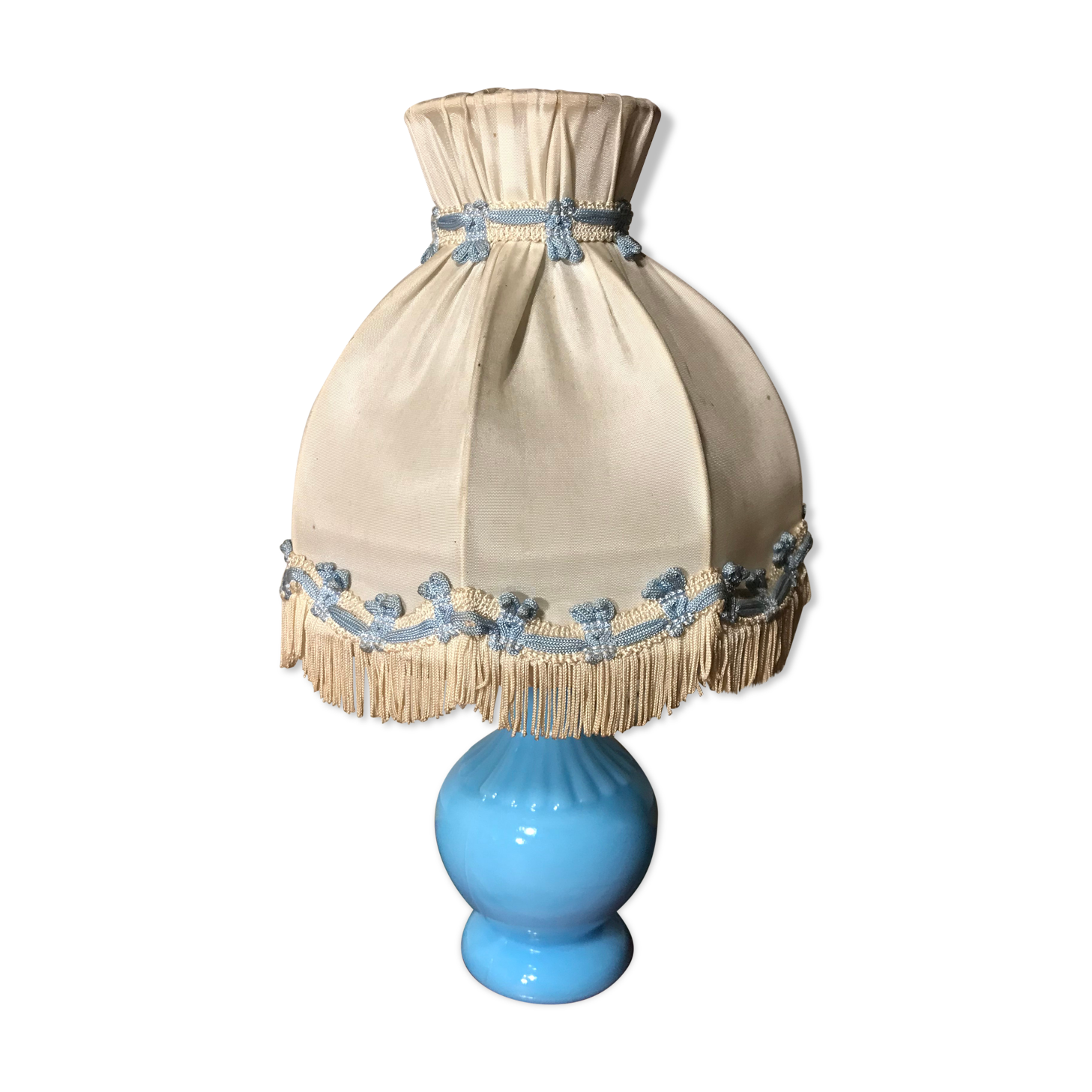 Ancienne lampe chevet corps opaline bleu + abat-jour crème vintage